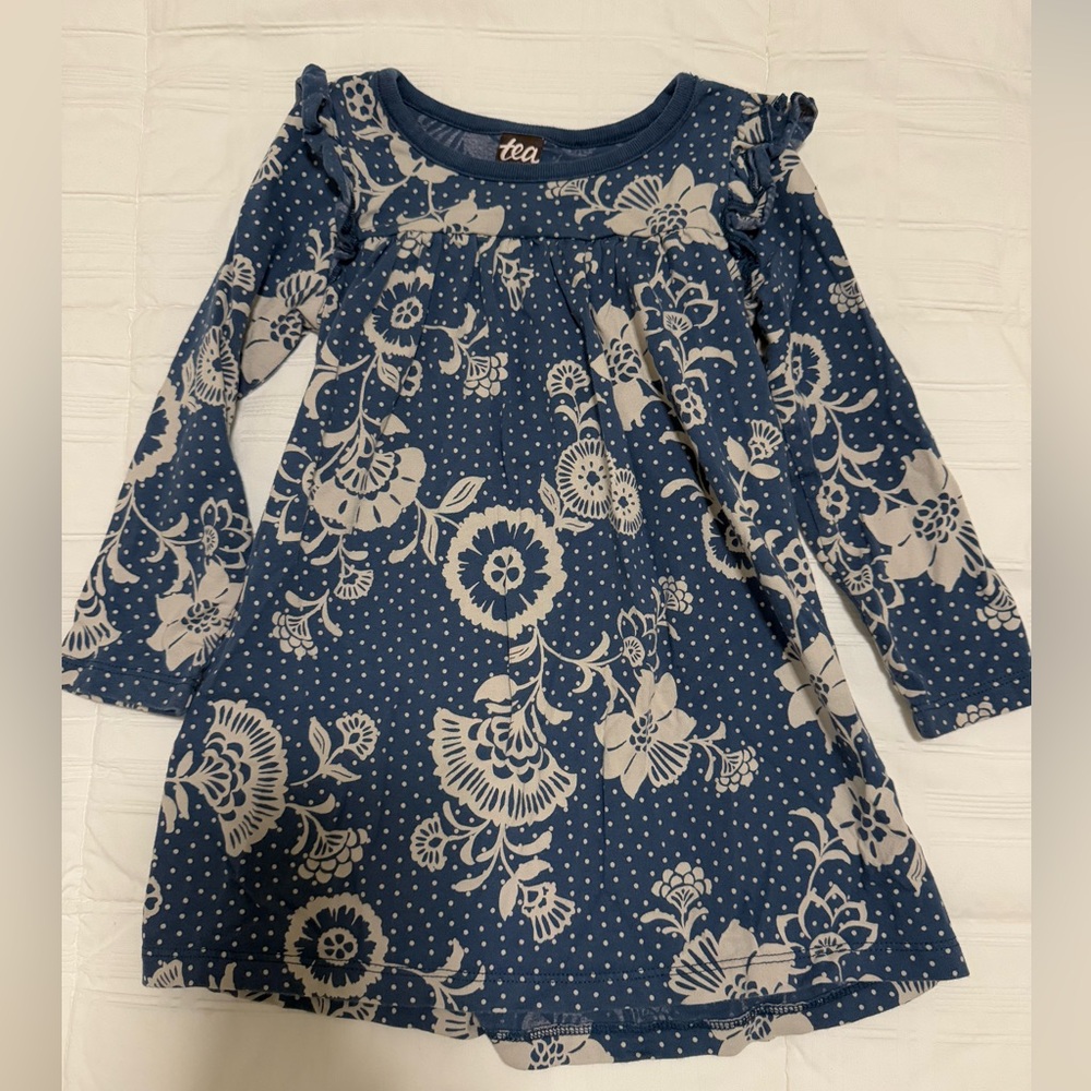 Tea Collection Blue and Cream Long Sleeve Crew Neck Dress